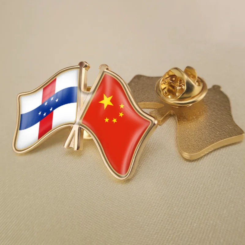

Netherlands Antilles and China Crossed Double Friendship Flags Lapel Pins Brooch Badges
