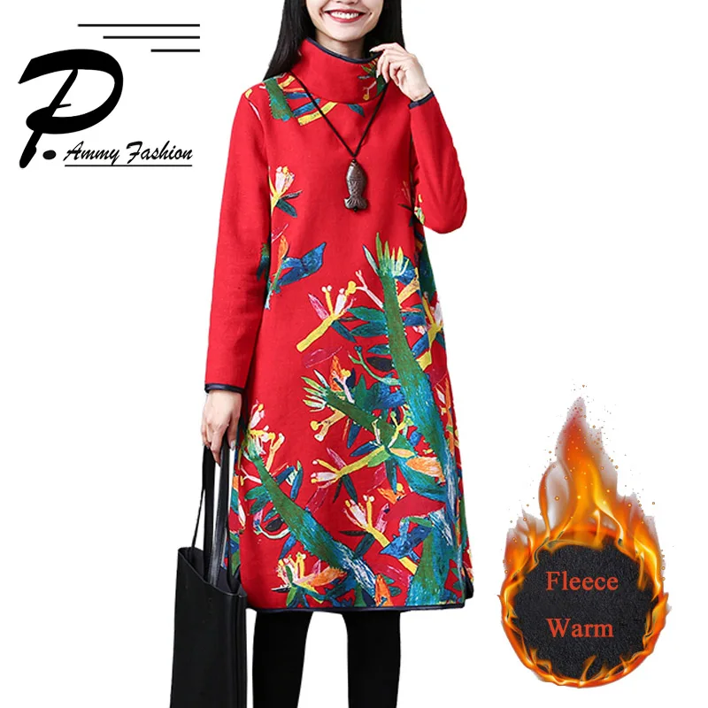 Зима 2018 новый национальный стиль размера плюс кашемировое Хлопковое платье с