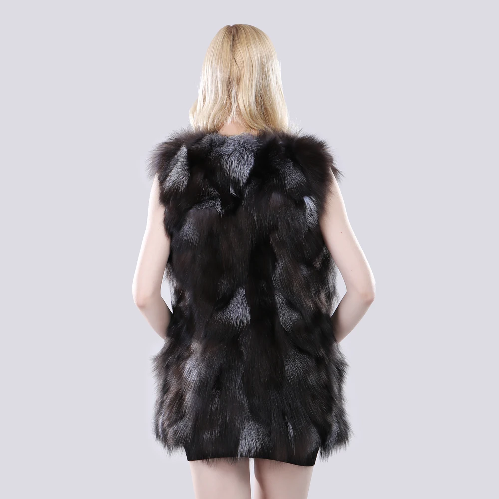 New Style Women Winter Long Genuine Silver Fox Fur Vest Natural Soft Fox Fur Gilet Lady Warm Real Fox Fur Sleeveless Jacket
