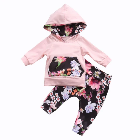 2017 pudcoco 2 шт. детский повседневный комплект одежды с капюшоном и цветочным рисунком для новорожденных девочек Толстовка Топы штаны Леггинсы наряд комплект одежды 0-24 месяцев