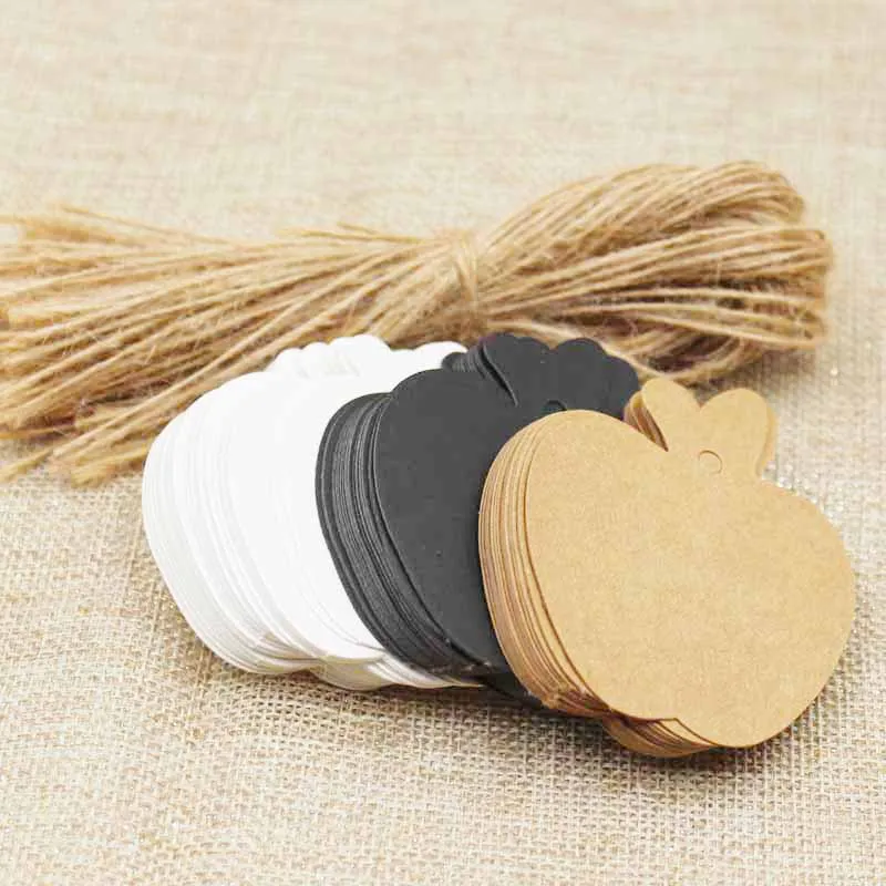 Разноцветные Милые пустые бумажные бирки для свадебных подарков в форме яблока 100 шт. + веревка из пеньковой