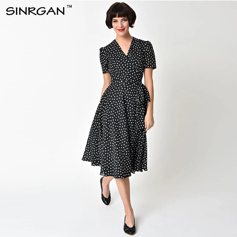 SINRGAN черный горошек печати зимнее платье vestidos v образным вырезом винтаж line роба