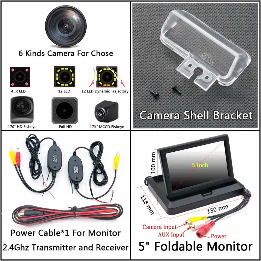 Cam Wireless 5 Fold 175 градусов MCCD рыбий глаз 12LED HD камера заднего вида для Toyota Camry Verso EZ 2012 Yaris Corolla Vios peugeot 206 207 307 407 - Название цвета: Cam Wireless 5 Fold