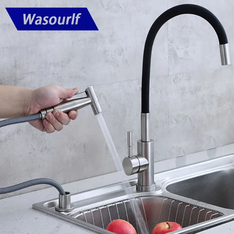 Выдвижной кухонный смеситель Wasourlf, набор распылителей из нержавеющей стали для раковины, умный душевой кухонный набор со шлангом, легко мыть