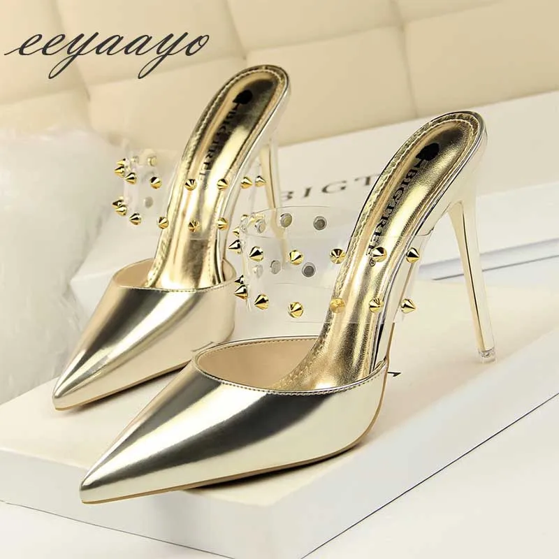 2019 New Summer Women Mules Slippers High Thin Heel Pointed Toe Metal Rivet Sexy Ladies Shoes Gold Outside Slides | Обувь