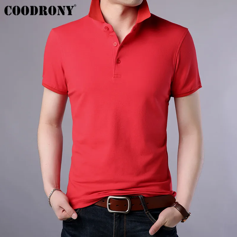 Красный COODRONY футболка с коротким рукавом Мужская Уличная футболка Классическая Повседневная футболка с отложным воротником Мужская хлопковая футболка Homme S95069 - Цвет: Красный