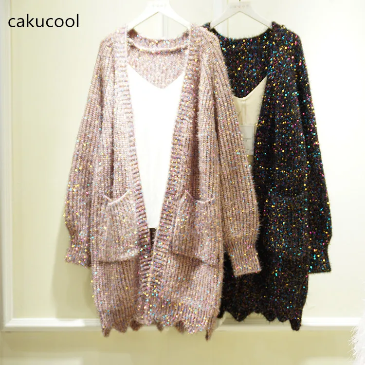 Женский длинный кардиган средней длины Cakucool свободный блестящий вязаный свитер