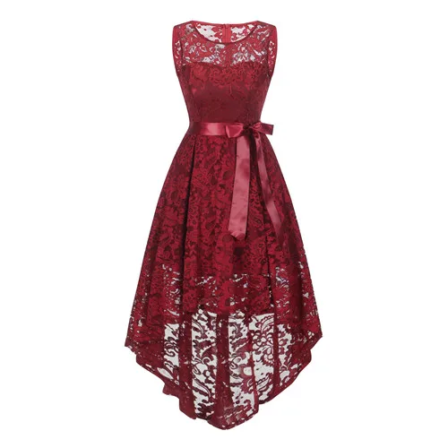 Wine red Без рукавов с высоким/низким круглым вырезом, длиной до колен, с бантом, кружевное длинное вечернее платье, платья подружки невесты, женские платья для вечеринки и свадьбы - Цвет: Wine red