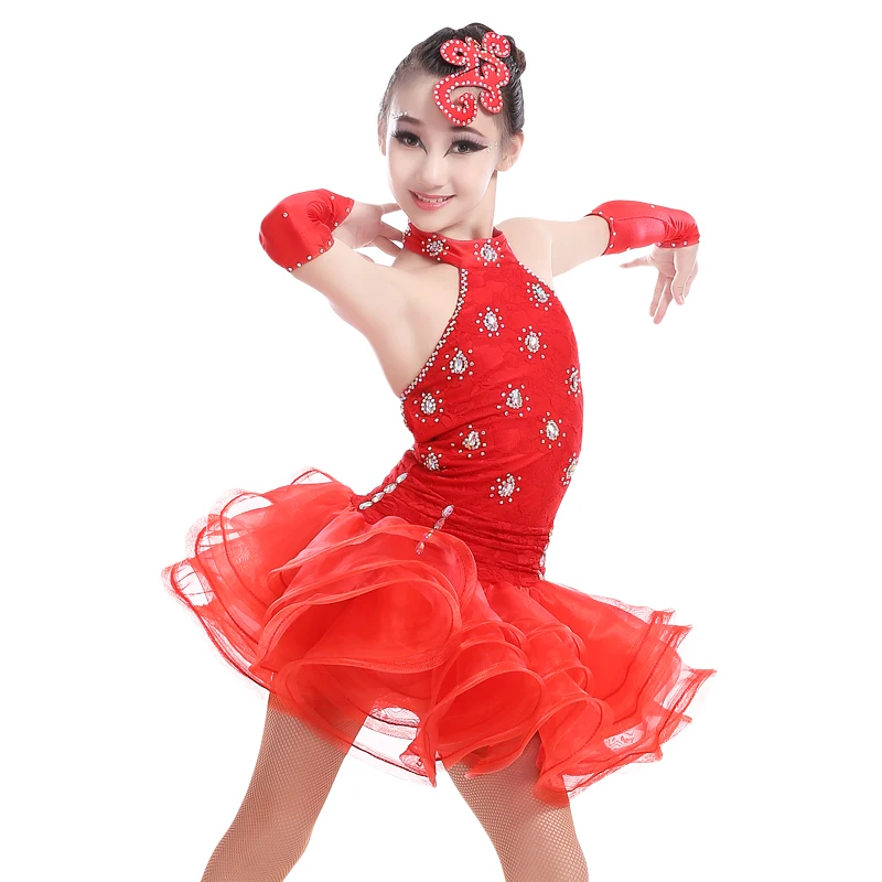 Сексуальные Девушки спинки Кружева Lantin Samba Tango платье для сцены дети красные