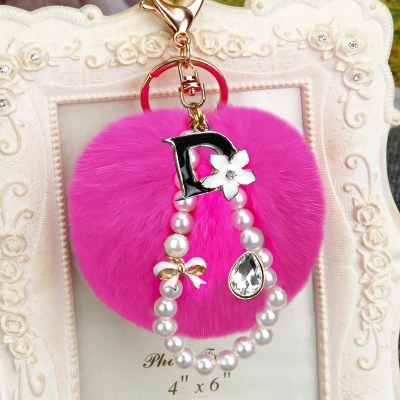 rose red Модный пушистый брелок 8 см из кроличьего меха, помпон, стразы, D, жемчужный помпон, Llavero, брелок для ключей, сумка, автомобильный брелок, подвеска для ключей, Porte Clef - Цвет: rose red