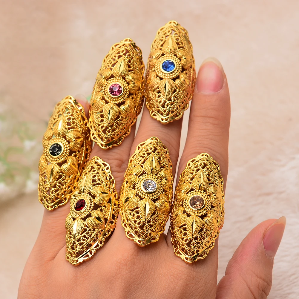 

Annayoyo New Ethiopian Multicolor Stone Wedding Ring for Women Gold Color Ring Eritrea Africa Fashion Ring Middle East Jewelry