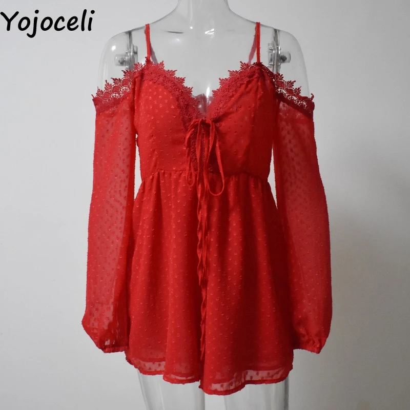 

Yojoceli Sexy white lace elegant jumpsuit romper Dot chiffon party lace up playsuit women romper Autumn short casual overalls