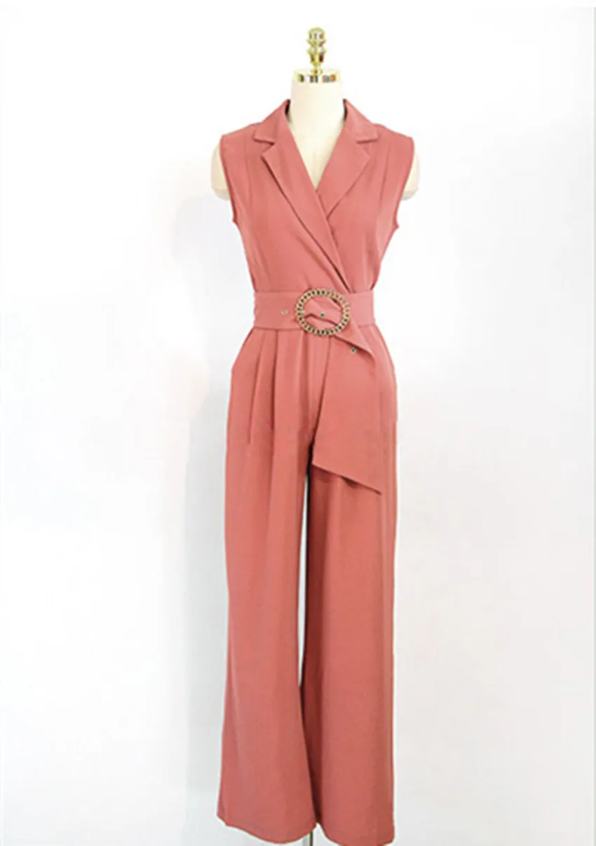 

New 2019 Summer Office Ladies Jumpsuits Bussines Sleeveless Notched Neck Sashes Overalls Formal Work Wide -Leg Rompers Jumpsuit