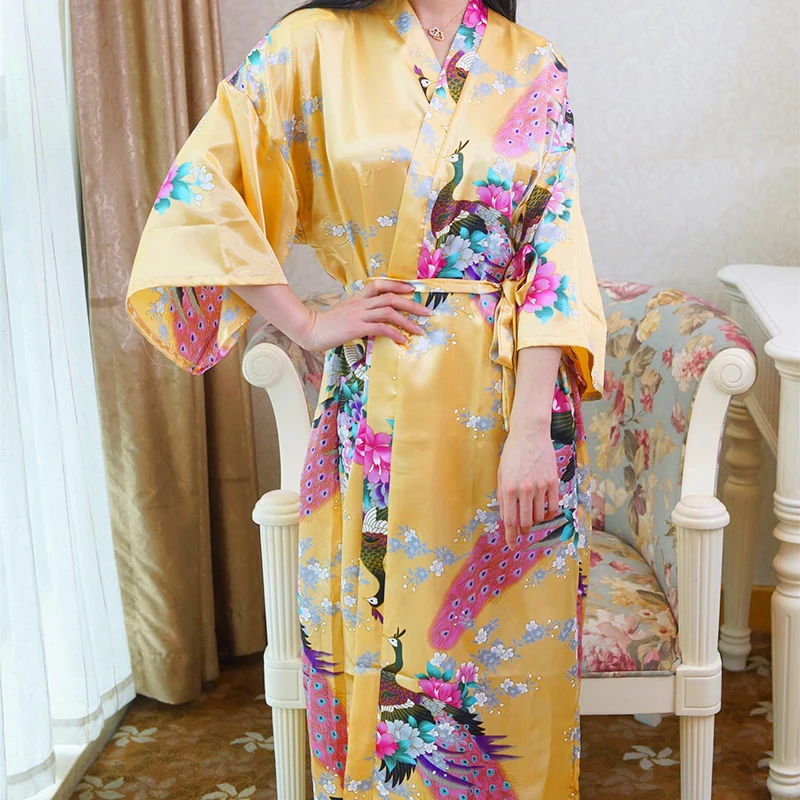 Элегантное повседневное горячее цветочное атласное кимоно для сна длинное