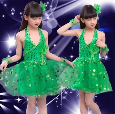 Зеленый Girls Latin Dance Costumes Children Kids Sequins Fringe Stage Performance Dress Veil Competition Girls Ballroom Dance Costumes - Цвет: Зеленый