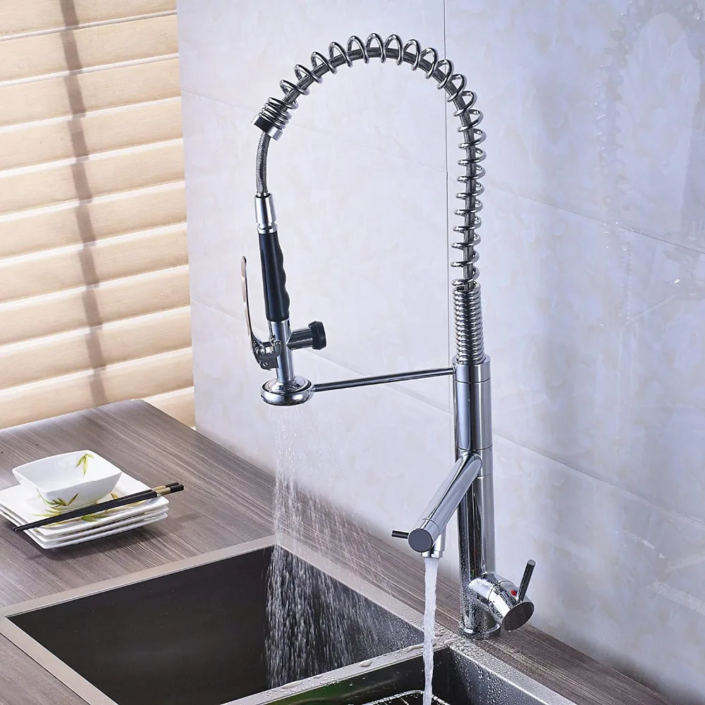 Bright Chrome Spring Pull Down Kitchen Faucet Hands Free Sprayer Head with Lock Hot cold Water Kitchen Mixer Tap Swivel Spout