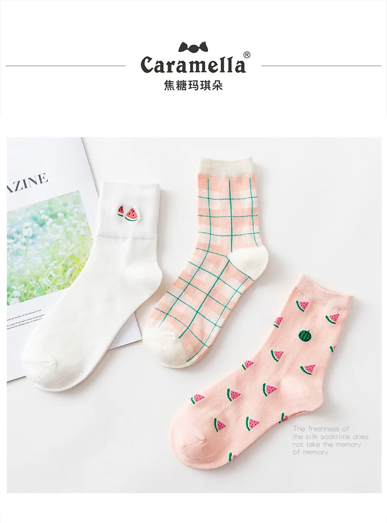 Caramella, 3 пары, носки с фруктовой вышивкой, арбуз, хлопковые, милые, рождественские, теплые, милые, Мультяшные, женские, стрейчевые, стильные, 11213