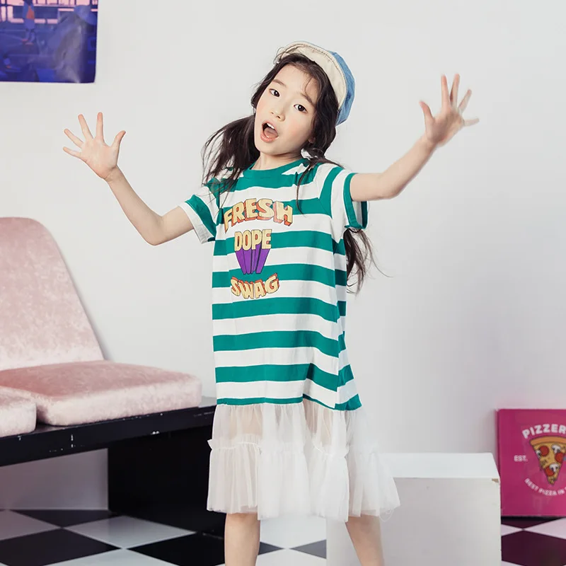 2018 New Summer Ins Short-sleeved Girls Dress Casual Stripes Kids Cartoon Princess Dresses Children's Clothing | Детская одежда и