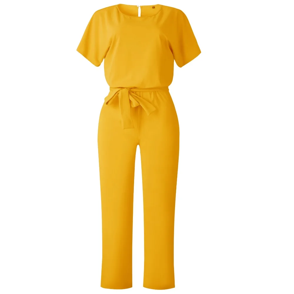 

Dotrend Elegant Short Sleeve O Neck Straight Jumpsuits 2019 Summer Women Solid Lace Up Casual Long Rompers Work Office Big Size