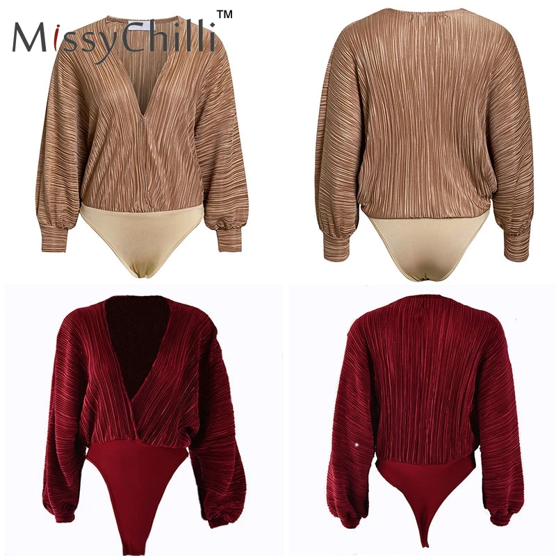 MissyChilli сексуальный плиссированный глубокий v-образный вырез боди для женщин с длинными рукавами клубный боди Женский Осенний Элегантный Вечерние боди блузка рубашка
