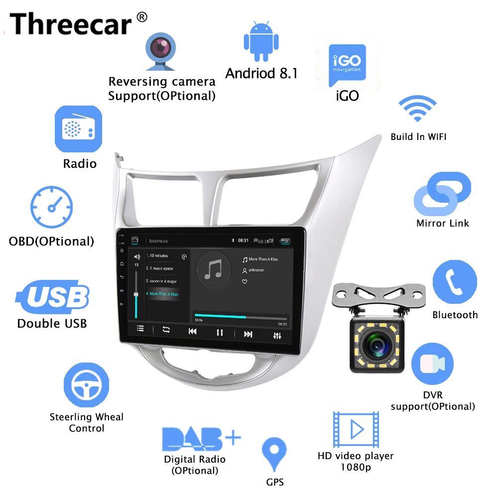 with 12 camera 2 din Android 8,1 Автомагнитола " Мультимедиа Видео плеер навигация gps Wifi Автомобиль Android для hyundai Solaris Accent Verna радио - Цвет: with 12 camera