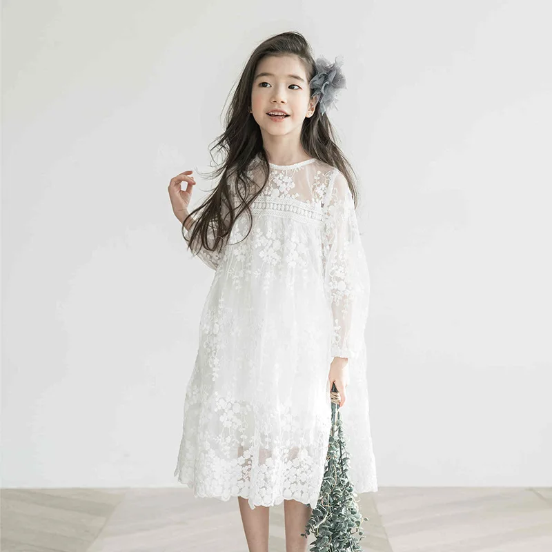 

2021 New Lace Crochet Floral Big Girls Dresses Baby Summer Spring Ruffles Long Sleeve White Party Little Dress For Girl Princess