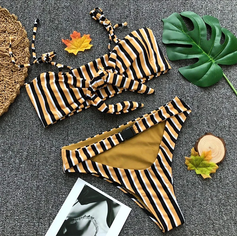 Новый Лидер продаж Полосатый Лоскутная Цвет Купальник бикини set sexy бандо на одно
