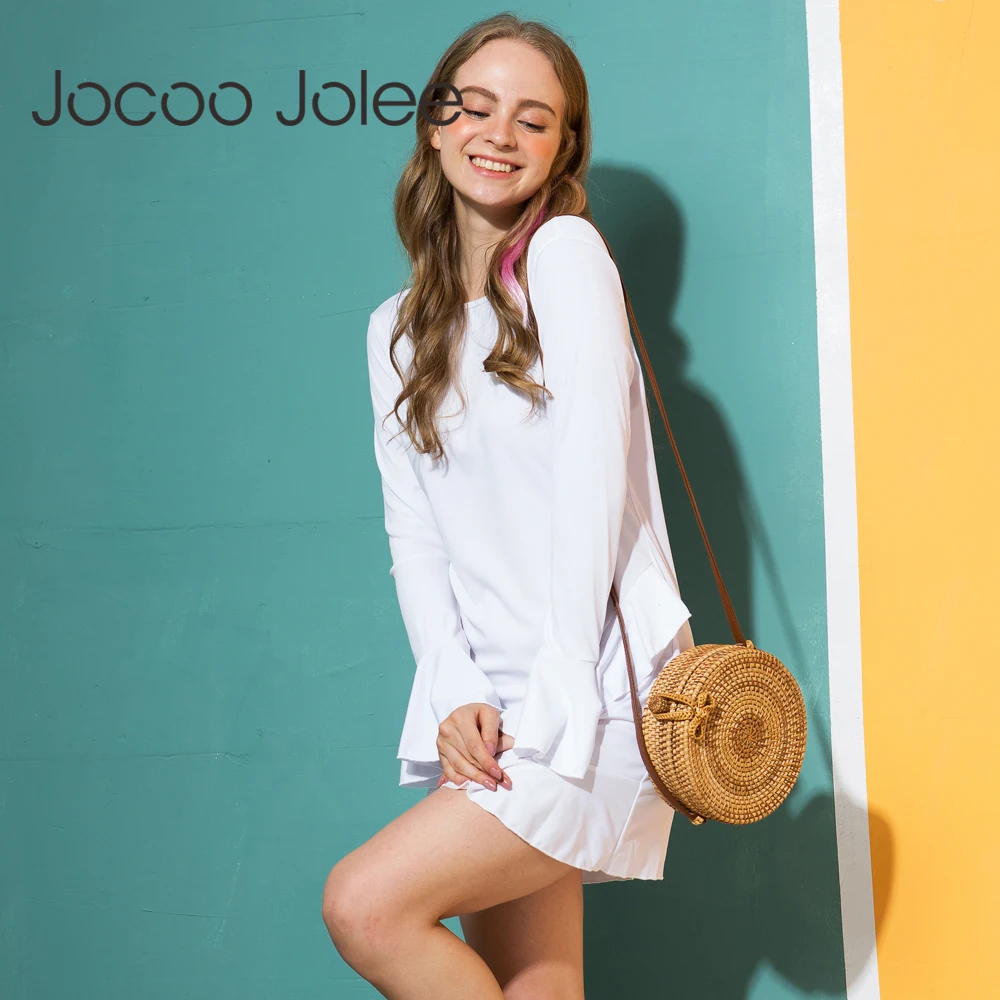 Женское мини-платье Jocoo Jolee с длинным рукавом оборками повседневное круглым