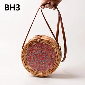 BH3 Женские сумки из ротанга с цветочным принтом, Пляжная винтажная сумка через плечо, женская Соломенная круглая Сумка-слинг B126 - Цвет: BH3