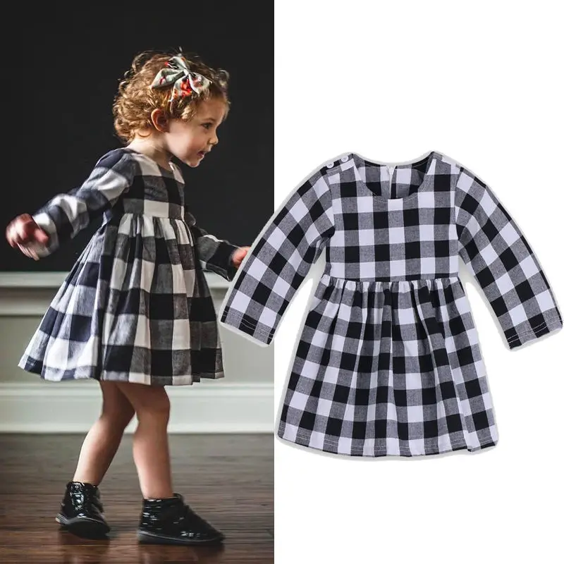 Winter Girl Toddler Princess Dress Kids Baby Party Pageant Plaid Long Sleeve Black And White Dresses Clothes | Детская одежда и