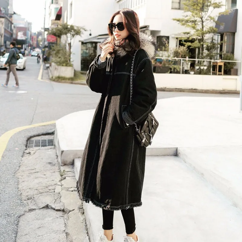 

2020 Denim Outerwear Big Fur Collar Long Winter Jacket Female Wadded Coat Loose Plus Size Warm Lamb Wool Military Parka Okb439