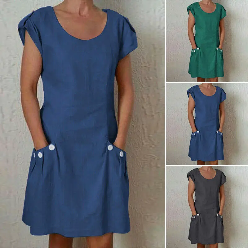 

Women Short Sleeve Mini Dress Summer Beach Casual Long Shirt Dress Plus