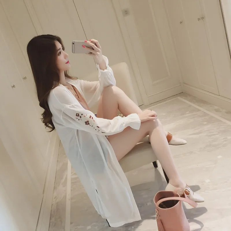 

Summer Long Blouse Women Shirts Floral Embroidery Women Chiffon Blouse Casual Long Sleeve Blouse Tops