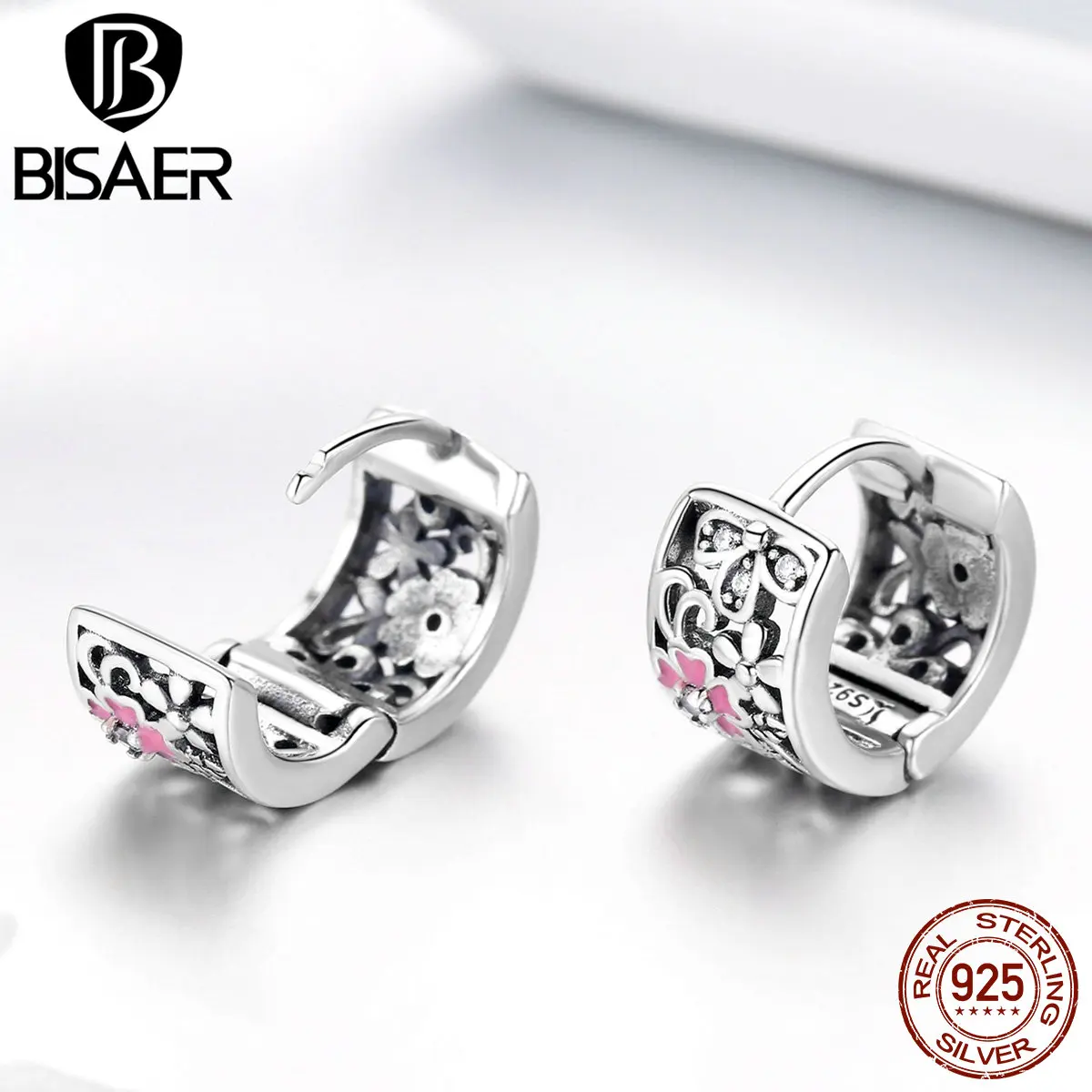 BISAER модные 925 пробы серебряные серьги в форме маргаритки гвоздики цветущая вишня