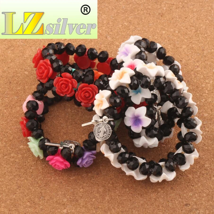 

Saint Cross Charm Colorful Plumeria Flower Bead Elastic Bracelets Black Crystal Beaded Spring Bracelet BB79