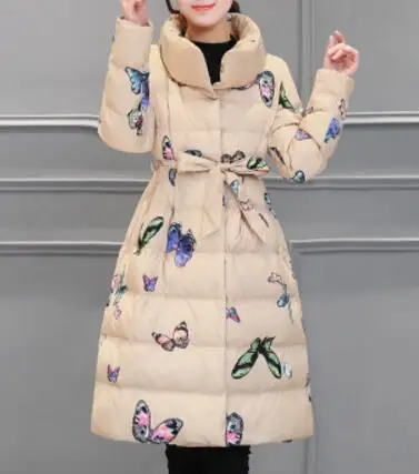 Beige Корейская женская зимняя куртка, новинка, большой размер, свободный пуховик, пальто, уплотненное, с принтом, хлопок, пальто с длинным рукавом, теплое хлопковое пальто 1305 - Цвет: Beige