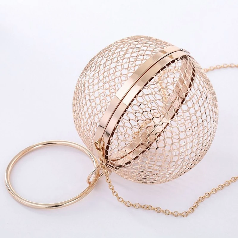 Metal Ball Women Shoulder Bag Gold Cages Women Round Hollow Out Clutch Bag Evening Ladies Wedding Party Bags CrossBody Purse