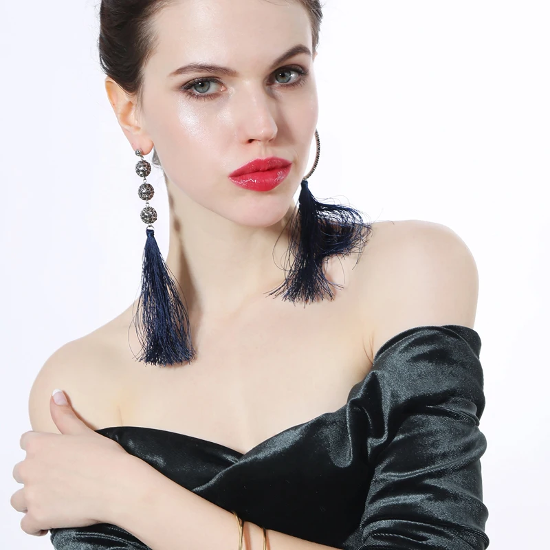 2018 Popular 2 Color Red&ampBlue Tassel Cotton Thread Crystal Ethnic Earrings Handmade Asymmetric Bohemian Jewelry | Украшения и