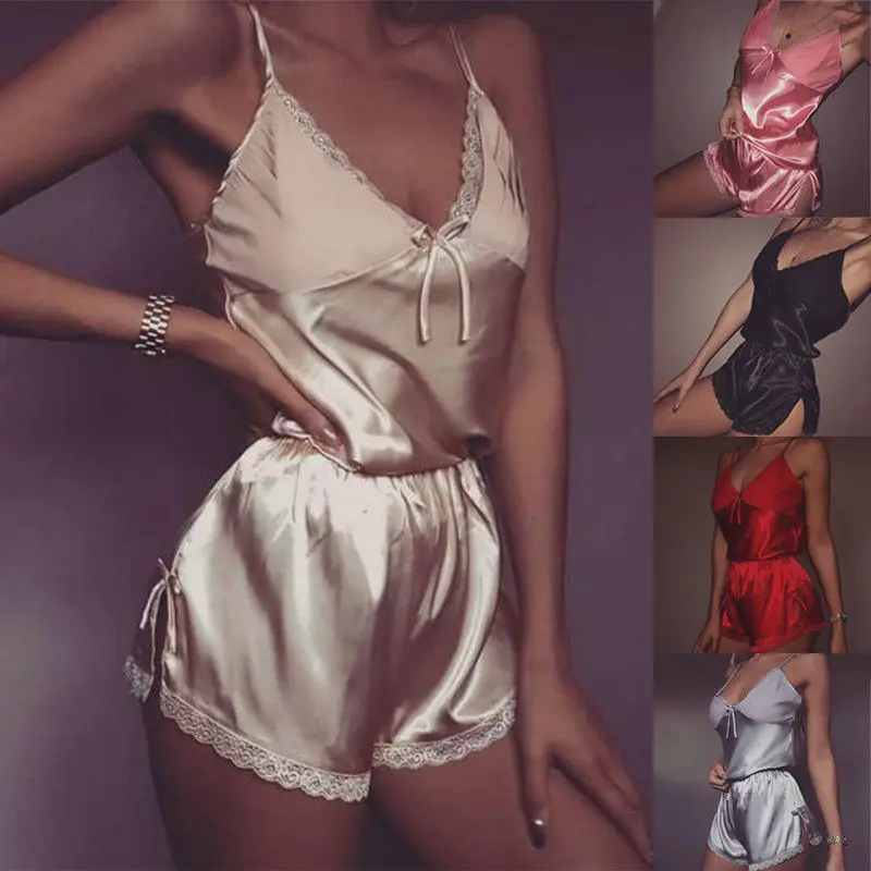 

2Pcs Women V Neck Floral Satin Silk Sexy Pajama Set Sleeveless Sleepwear Top+High Waist Shorts Ladies Summer Lingerie Pajama Set