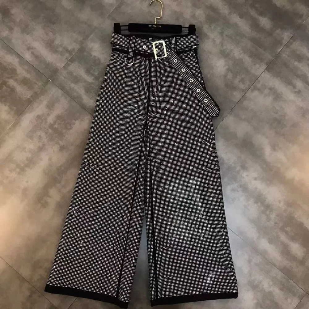 Женские Подиумные шикарные женские укороченные украшенные кристаллами blingin' Стразы блестящие расшитые блестками широкие брюки с поясом