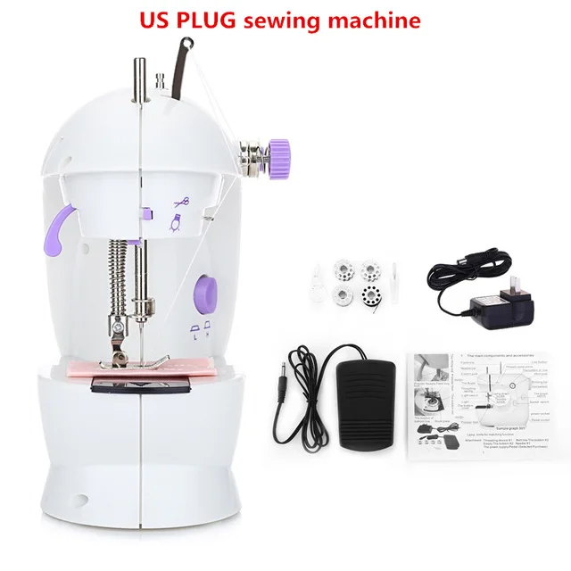 US plug Мини-электрическая ручная швейная машина с двойной регулировкой скорости, светильник с AC100-240V для ног, швейная машина с двойными нитями - Цвет: US plug
