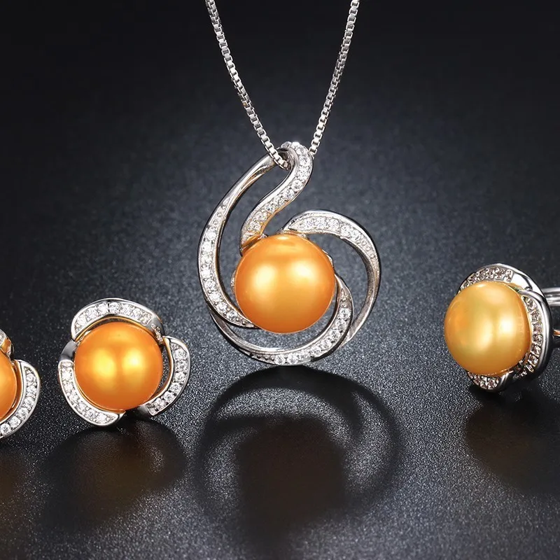 HENGSHENG Genuine Natural Pearl Women Jwelery Set Necklaces&Pendants&Earrings&Ring Big Bread Round with Zircon Flower| |