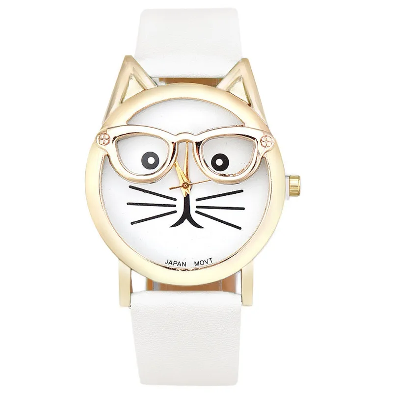 Модные reloj mujer милые кошачьи очки bayan saat кварцевые аналоговые женские часы кожаный
