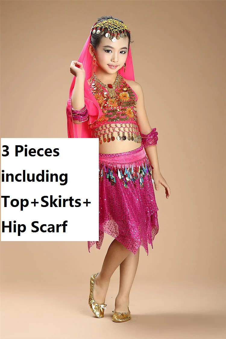hotpink3pcs Детское платье для танца живота для девочек, платья, штаны, топ для танца живота и штаны, костюм, комплект для девочек, индийская болливудская одежда - Цвет: hotpink3pcs