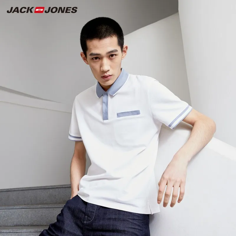 BRIGHT WHITE Jack Jones мужская хлопковая рубашка-поло с контрастным отложным воротником прямого кроя с короткими рукавами 219206502 - Цвет: BRIGHT WHITE