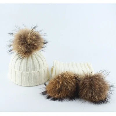 white set Модные детские зимние шапки с большим меховым помпоном, вязаная теплая шапка для детей, вязаная шапочка с помпоном для мальчиков и девочек - Цвет: white set
