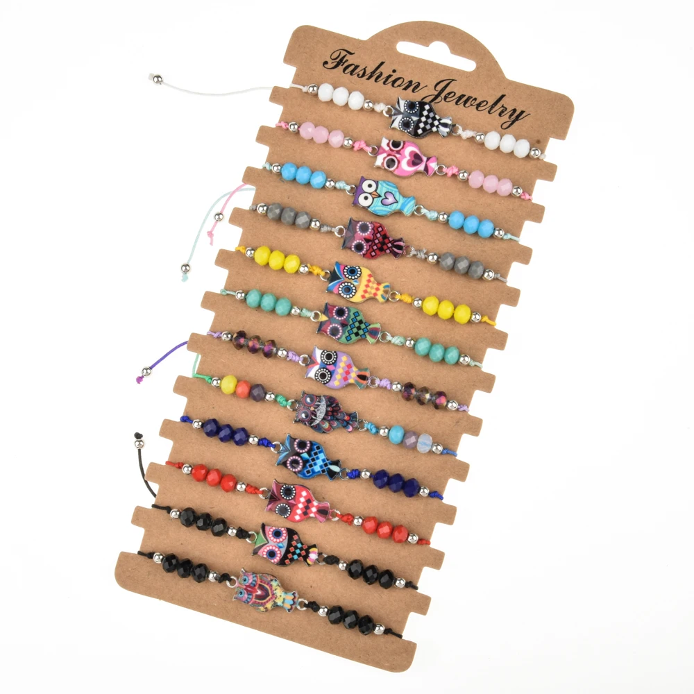 Женский плетеный браслет ручной работы 12 шт./лот с эмалью Сова единорог подвески