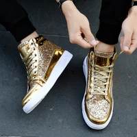 new men hip hop shoes bright face leather casual shoes gold fashion sneakers silver high tops male retro black shoes
