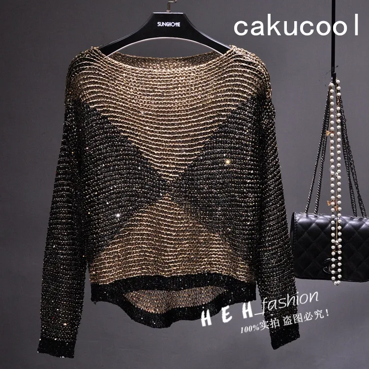 Женский трикотажный топ с блестками Cakucool Длинная блузка круглым вырезом и