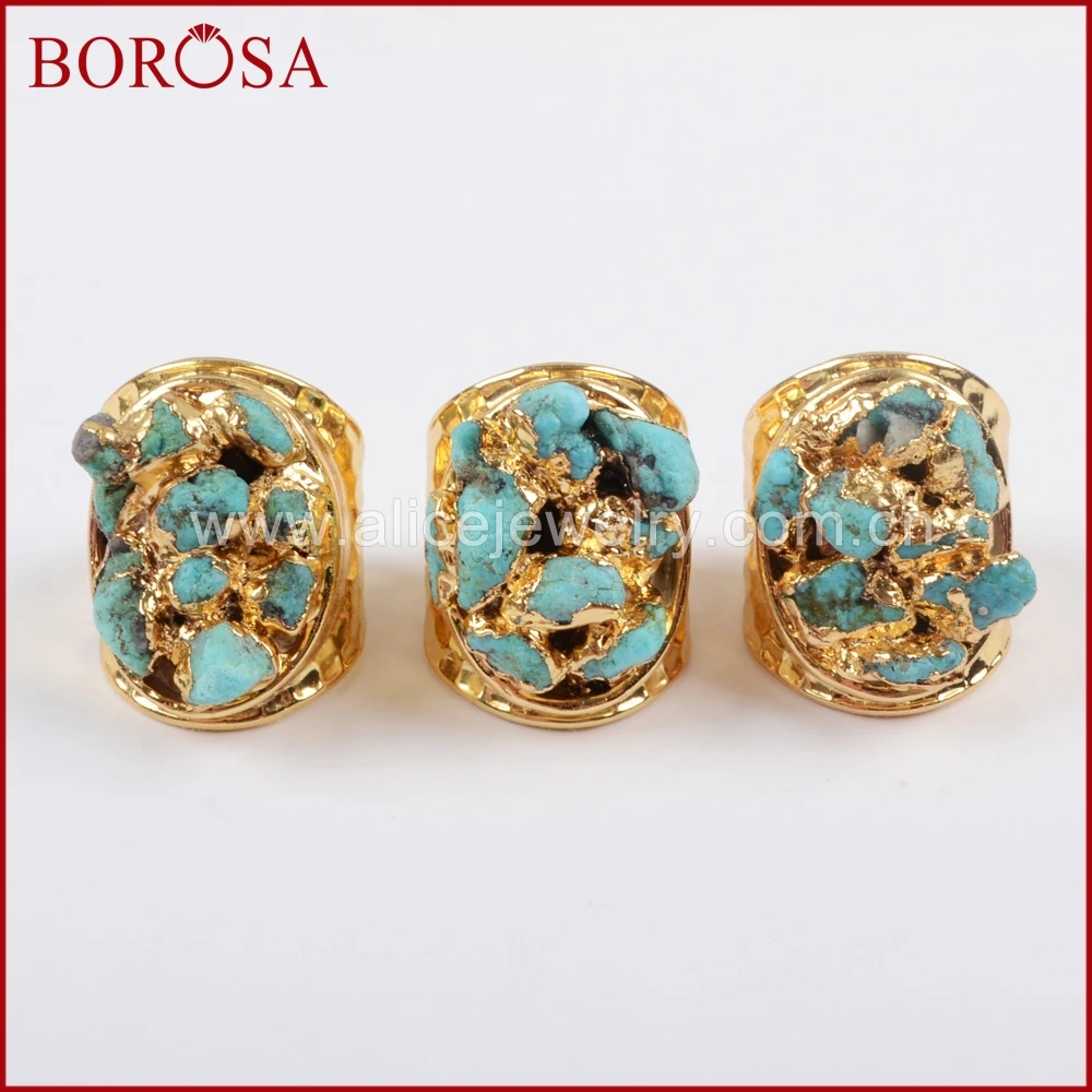 

BOROSA New Collection Gold Color Rough Natural Turquoises Chips Ring, Fashion Natural Blue Stone Druzy Jewelry Rings G1433